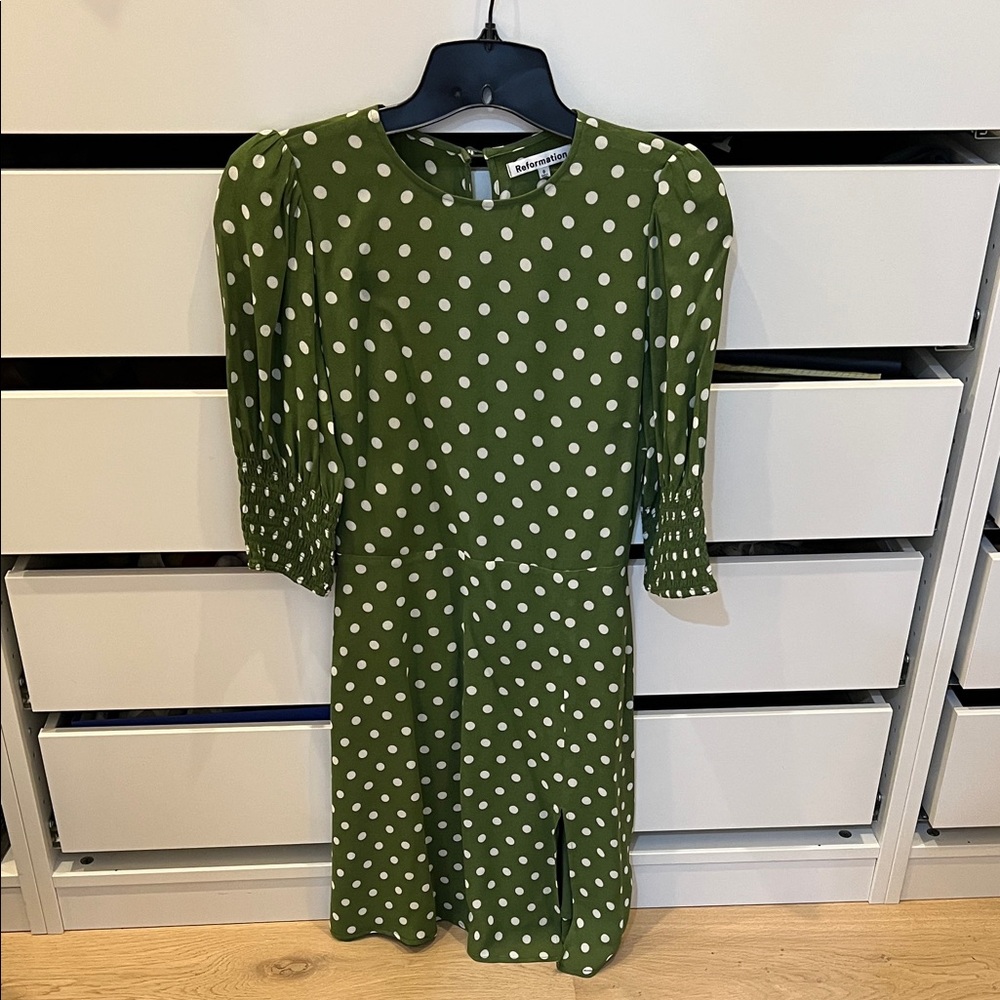 Reformation Olive Dress with White Dots